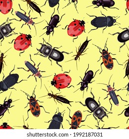 seamless patterns with the image of beetles (insects) on a yellow background