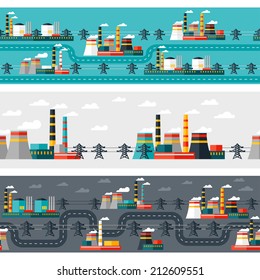 Seamless patterns of industrial power plants in flat style.