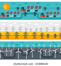 Seamless patterns of industrial power plants in flat style.