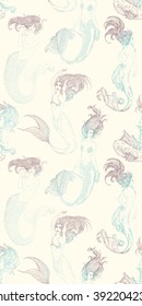 Seamless patterns with ink Sketches of mermaids. Hand drawn sketch of singing mermaid with moray eel. Vector illustration. Silhouette.