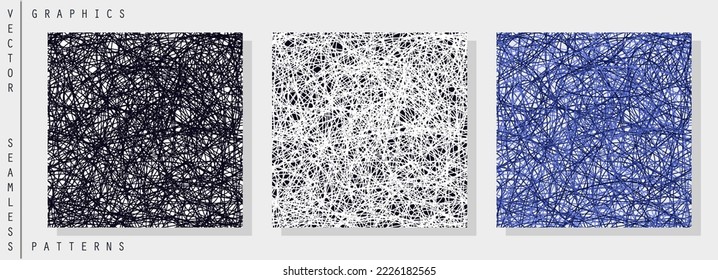 Seamless patterns. Intricately tangled chaotic doodles. Very cross-hatched print with randomly lines. Vector template