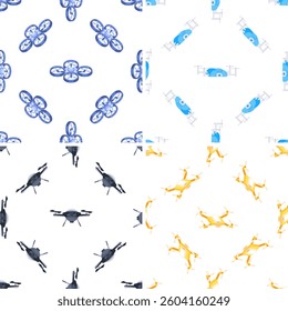 Seamless patterns with isometric drones flying and delivering packages