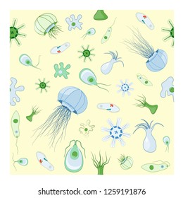Seamless patterns with jellyfish, amoeba, Paramecium and other animals that live in reservoirs. fresh-water organisms. Vector background for your design, biological, science, and educational use