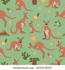 Seamless patterns with kangaroos and their babies. Design for fabric, textile, wallpaper, packaging
