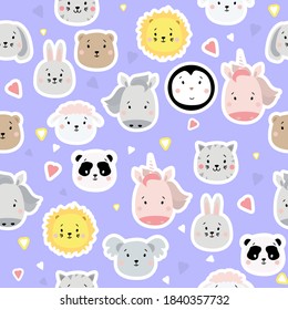 Seamless patterns. Kids collection. Cute animal stickers - lion and penguin, unicorn and rabbit, hare and sheep, cat and horse, koala and panda on a blue background with hearts. Vector