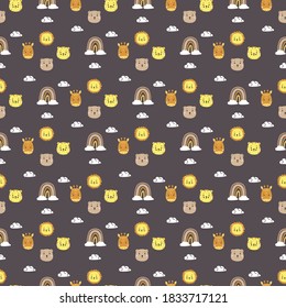 Seamless patterns. kids collection in the Scandinavian style. Cute animals - giraffe and bear, lion and tiger and rainbow with beautiful clouds on a dark brown background. Vector