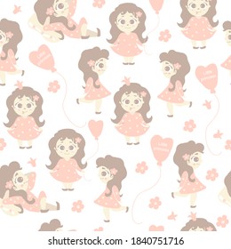 Seamless patterns. kids collection in the Scandinavian style. A cute girl walks, lies, rejoices on a white background with flowers and a balloon with the inscription - a little princess. Vector 