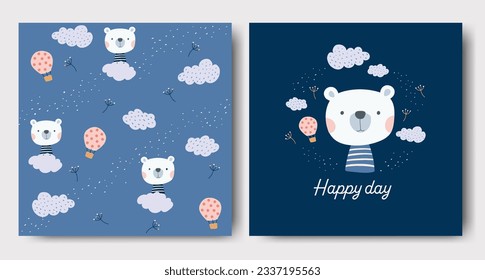 Seamless patterns for kids, cute graphic elements, elements with cute bear, hand-drawn in children's style used for fabric, textile, print, and decorative wallpaper