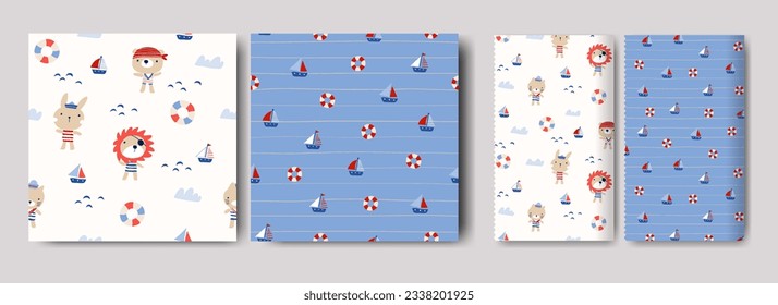 Seamless patterns for kids, cute graphic elements, elements with cute animal, hand-drawn in children's style used for fabric, textile, print, and decorative wallpaper