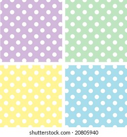 Seamless Patterns: Large White Polka Dots on Pastel Lavender, Yellow, Aqua, Green. EPS8 includes four pattern swatches (tiles) that will seamlessly fill any shape.