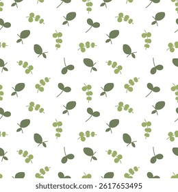 Seamless patterns with leaves, meadow and hand-drawn vector illustrations on a white background. Cute summer wallpaper.