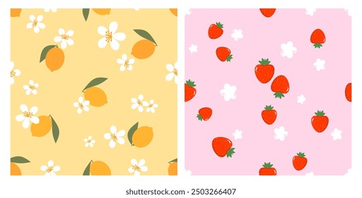 Seamless patterns of lemon, green leaves, white flower and red strawberries on yellow and pink backgrounds vector. Cute fruit print.