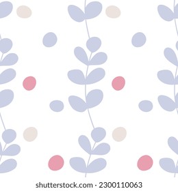 Seamless patterns. Light purple twig, geometric light purple and pink circles. Scandinavian style for children. For printing on fabric, wallpaper, paper, curtains, wrapping paper.