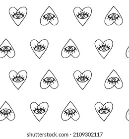 Seamless Patterns with linear hearts and eyes on a white background