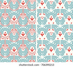 Seamless patterns with lines, circles, stylized shapes. Triangular / hexagonal abstract layout for ornament and background. Two versions of editable colored wallpaper with lines and floral elements.