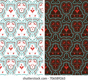 Seamless patterns with lines and stylized petals and leaves. Ceramic effect for ornament and background. Two versions of editable colorful tiling with lines and graphic vegtal elements.