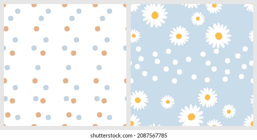 Nahtlose Muster mit kleinen Punkten und blühender Blume auf weißem und blauem Hintergrund, Vektorgrafik. Frische kindische Drucke.