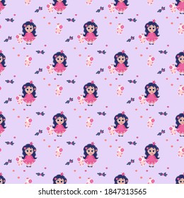 Seamless patterns. Little girl princess with her tongue hanging out and holding a unicorn toy in her hands on a light purple background with flowers. Vector. kids collection for design and packaging