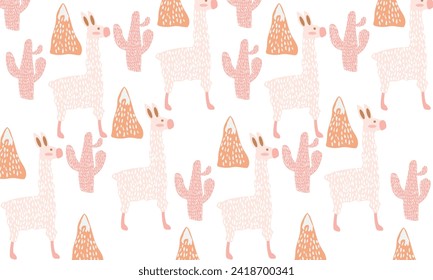 seamless patterns with llamas Cactus and elements, hand drawn, childish texture, suitable.for fabric, wrapping, textile, wallpaper, apparel, vector illustration.