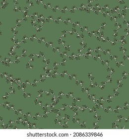 Seamless patterns. Long branches with leaves on a colored background. Design for printing on textiles, paper, ceramics, fabric, packaging, wallpaper. Vector graphics.