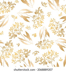 Seamless patterns. Luxurious gold and a graceful twig on a white background. Floral pattern, gold leaf. Vector file.