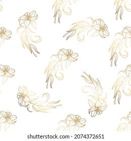 Patrones sin inconvenientes. Lujoso oro y lirio elegante sobre un fondo blanco. Patrón floral, hoja de oro. Archivo vector.