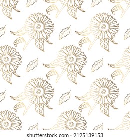 Seamless patterns. Luxurious golden sunflower and foliage isolated on white background. Line art. The line art is thin. Delicate floral pattern, gold leaf. vector file.