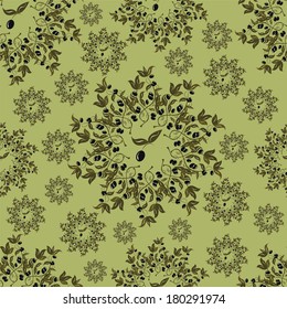 seamless patterns made from branches of black olives on green background. 