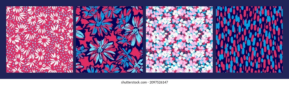 Seamless patterns made of different meadow flowers. Abstract floral set with all over tiny daisies, sketch large meadow flowers and geometric dot pattern. Botanical endless prints collection.