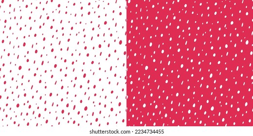 Seamless patterns with magenta dots isolated oh white. Color of the Year 2023. Hand drawn vector illustration. Simple geometric pattern. For scrapbooking,  textile, fabric, gift wrap. Viva Magenta.