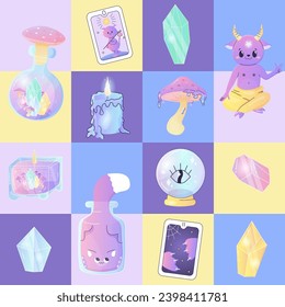 patrones sin soldadura tarjetas de tarot mágicas satán, cristales, setas, ocultismo 