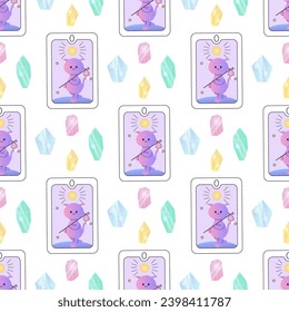 nahtlose Muster magische Tarot-Karten Satan, Kristalle, Pilze, Okkultismus 