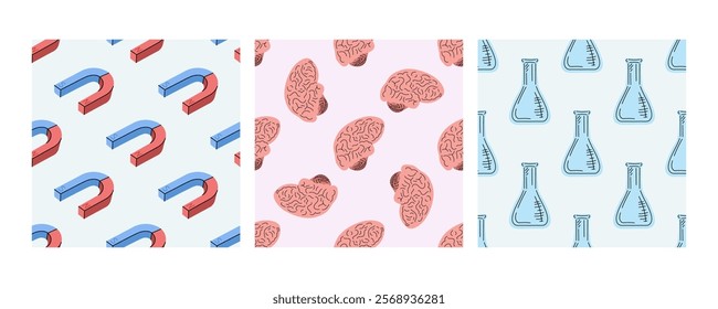 Seamless patterns with magnets, brains, and flasks in flat doodle style