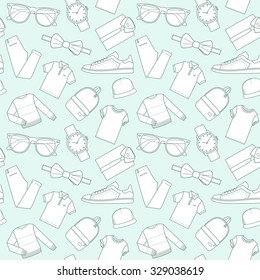 Seamless patterns of male clothes, shoes and accessories for online store in hipster style. Men's wear backgrounds for shops. Thin lines.  Vector stock clipart.