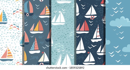 Seamless patterns marine bundle. Sailing ships and boats on grey and blue ocean background. Yachting theme. Ocean seagulls, fish, clouds. Kids style design. Nordic prints. Sea regatta collection.