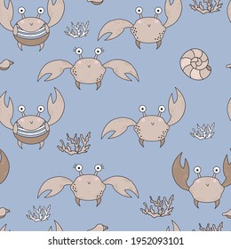 Patrones sin mar con vida marina. Cute cangrejos y corales graciosos en un fondo azul claro. Vector. Para el diseño, la decoración, la impresión, el embalaje, los textiles y el papel pintado