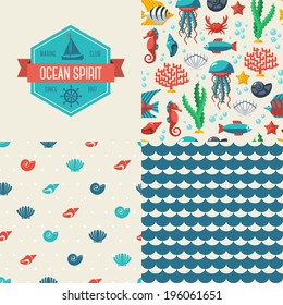 Seamless patterns of marine symbols and label. Sea life. Different seashells.