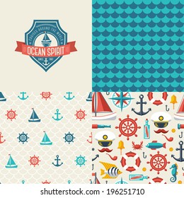 Seamless patterns of marine symbols and label. Captain tiling with anchor, bottle and compass