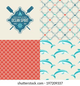 Seamless patterns of marine symbols and label. Sea life. 