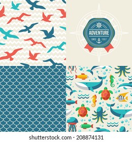 Seamless patterns of marine symbols and label. Sea creatures in water and seagulls tiling.