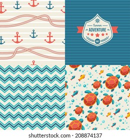 Seamless patterns of marine symbols and label in vintage style. Turtle and tuna in water.