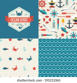 Seamless patterns of marine symbols and ocean label. Vector illustration.