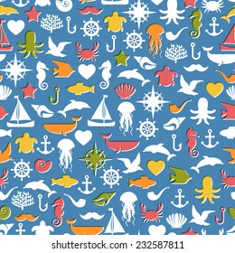 Seamless patterns of marine symbols. Vector illustration. Imitation of Inexact printing, inaccurate overprint.