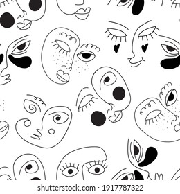 Seamless patterns modern hand-drawn vector illustrations. Abstract face with shapes. Minimalistic style. Doodles and shapes on an isolated white background. Elegant concept wallpaper.