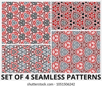 Seamless patterns with modern ornament of black, gray, white, and red shades