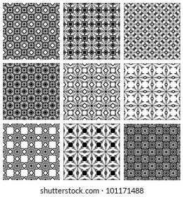 Seamless patterns, monochrome vector backgrounds collection.