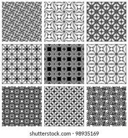 Seamless patterns, monochrome vector backgrounds collection.