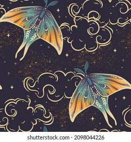 Seamless patterns with moths. Vector graphics. Contemporary composition. Trendy texture for print, textile, packaging.