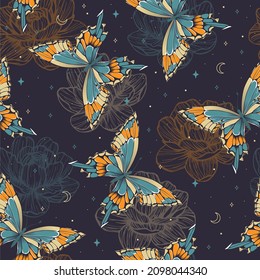 Seamless patterns with moths. Vector graphics. Contemporary composition. Trendy texture for print, textile, packaging.