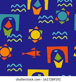 Seamless patterns with nautical design elements: boat, waves, fishes. Cute paper cutout sea objects. 
Marine concept background. Vector illustration.